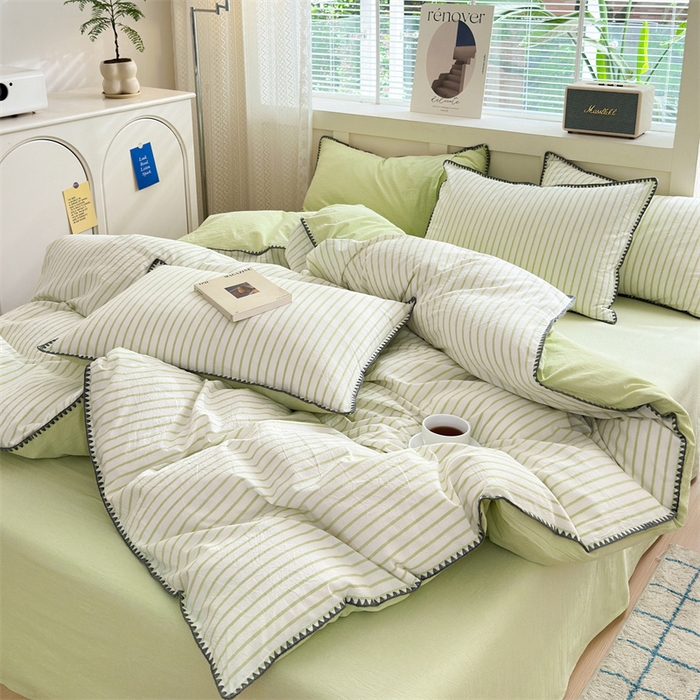 91家纺网 家纺一手货源 找家纺 晚依家纺 2024新款全棉色织水洗棉贝壳边绣三角针工艺四件套--单被套 诺言-绿