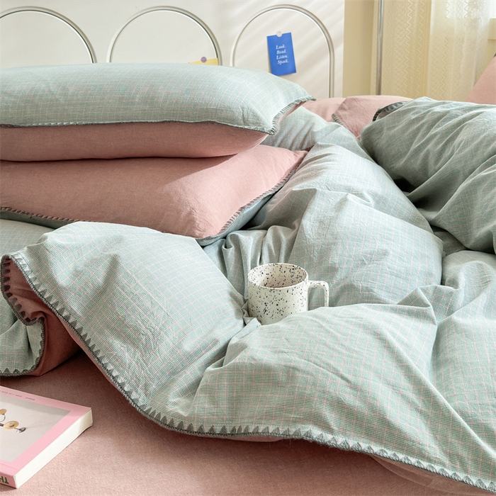 91家纺网 家纺一手货源 找家纺 晚依家纺 2024新款全棉色织水洗棉贝壳边绣三角针工艺四件套--单被套 星语-绿豆沙