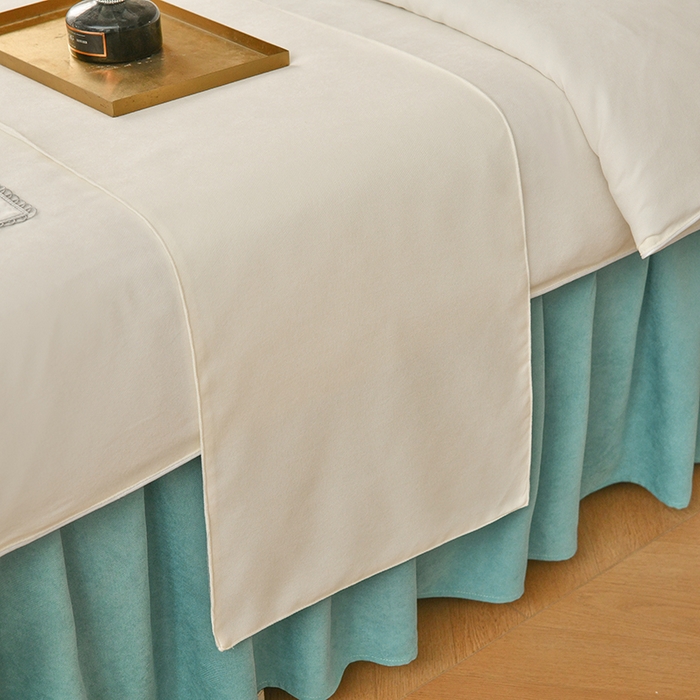 91家纺网 家纺一手货源 找家纺 不打烊家纺  (原春恩家纺) 2025新款贡棉美容床罩系列套件-艾米尔 艾米尔米白色拼绿色