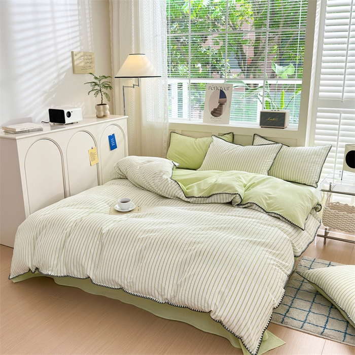 91家纺网 家纺一手货源 找家纺 晚依家纺 2024新款全棉色织水洗棉贝壳边绣三角针工艺四件套--单被套 诺言-绿