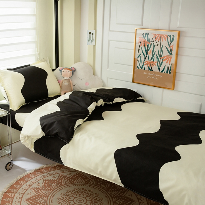 91家纺网 家纺一手货源 找家纺 港岛妹妹 2024新款芦荟棉印花四件套四件套学生床宿舍图 黑白波波