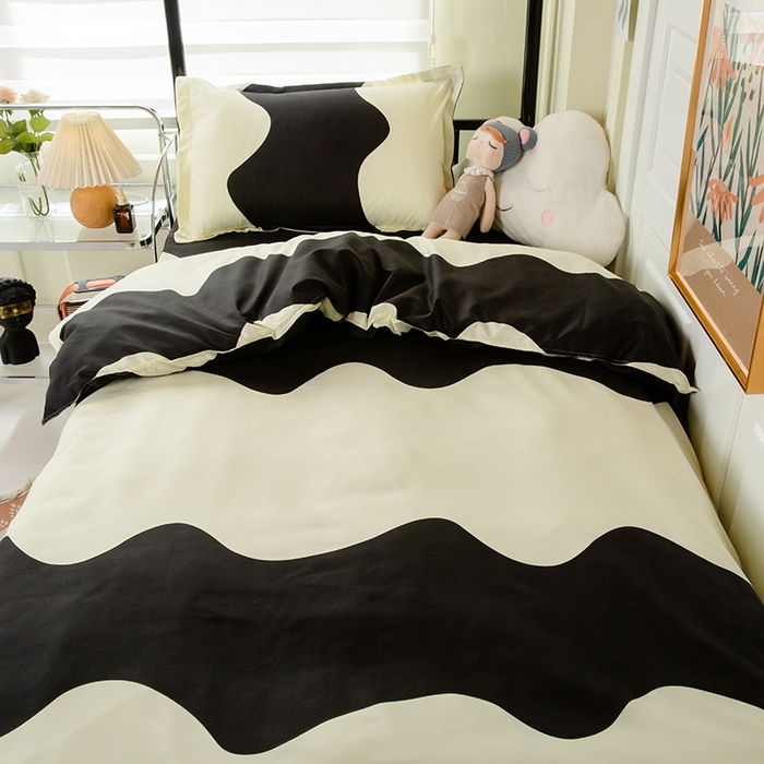 91家纺网 家纺一手货源 找家纺 港岛妹妹 2024新款芦荟棉印花四件套四件套学生床宿舍图 黑白波波