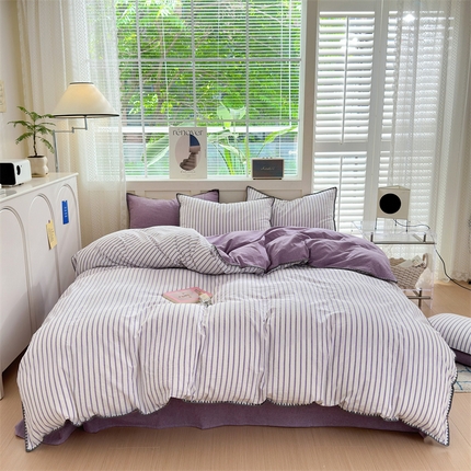 晚依家纺 2024新款全棉色织水洗棉贝壳边绣三角针工艺四件套--单被套 诺言-紫