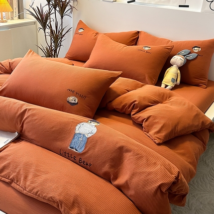眠帛家居 2024新款水洗棉提花刺绣四件套-熊先生 熊先生-秋意红
