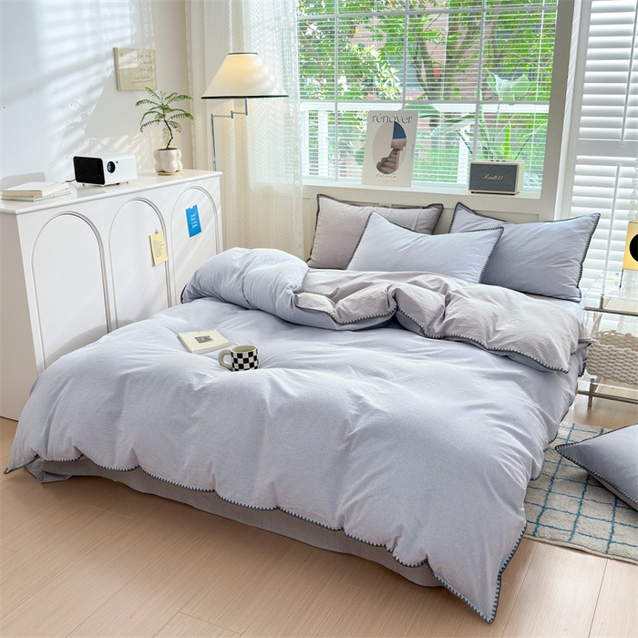 91家纺网 家纺一手货源 找家纺 晚依家纺 2024新款全棉色织水洗棉贝壳边绣三角针工艺四件套--单被套 星语-浅灰