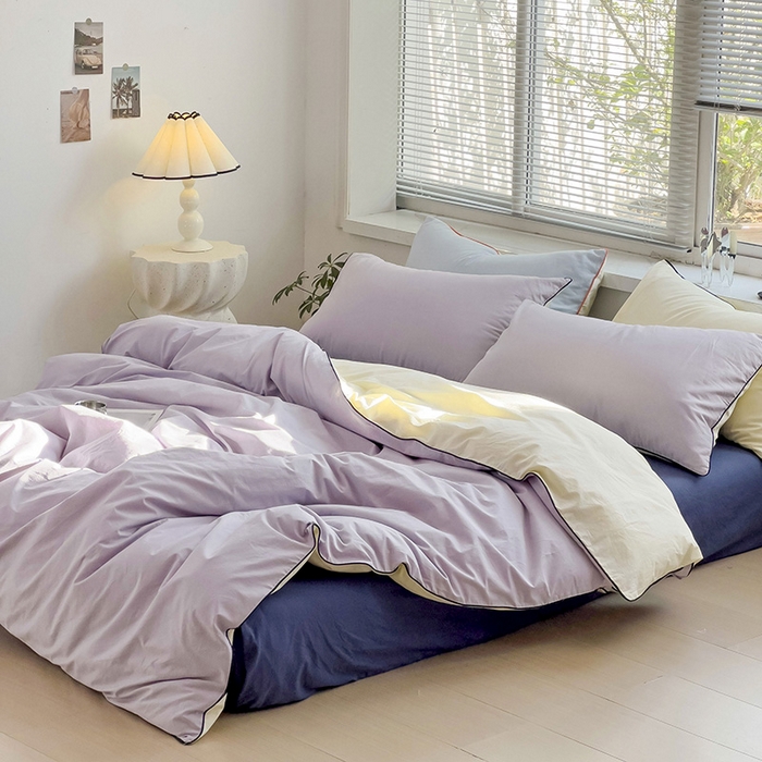 91家纺网 家纺一手货源 找家纺 梦家居 2024新款全棉水洗棉纯色滚边四件套 丁香紫+深蓝