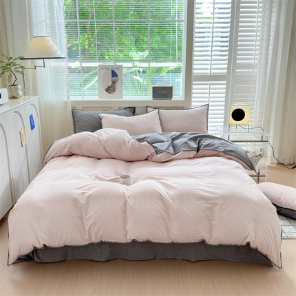 91家纺网 家纺一手货源 找家纺 （总）晚依家纺 2024新款全棉色织水洗棉贝壳边绣三角针工艺四件套--单被套