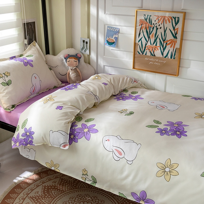 91家纺网 家纺一手货源 找家纺 港岛妹妹 2024新款芦荟棉印花四件套四件套学生床宿舍图 花与兔