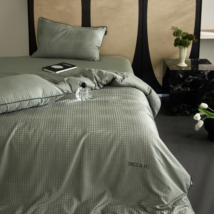 91家纺网 家纺一手货源 找家纺 安莱生活 2024新款60S天丝棉提花四件套三系列（银丝款）--天丝棉铂金简奢款 弦月-梦华绿