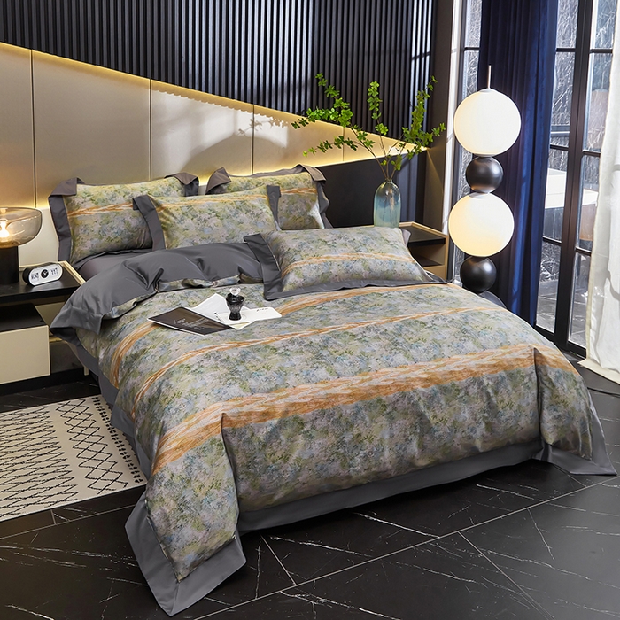 91家纺网 家纺一手货源 找家纺 优姿家纺 2024新款160支长绒棉高端大版四件套 名门时光灰绿