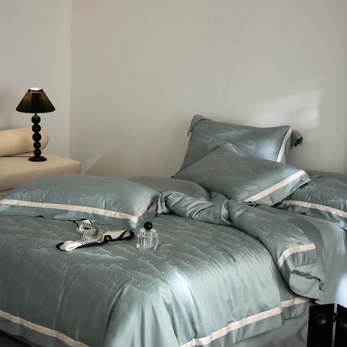 91家纺网 家纺一手货源 找家纺 安莱生活 2024新款60S天丝棉提花四件套三系列（银丝款）--天丝棉铂金星晴系列 星雨-苔青