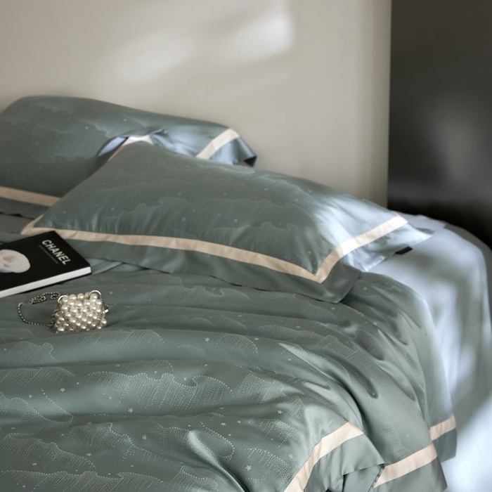 91家纺网 家纺一手货源 找家纺 安莱生活 2024新款60S天丝棉提花四件套三系列（银丝款）--天丝棉铂金星晴系列 星雨-苔青