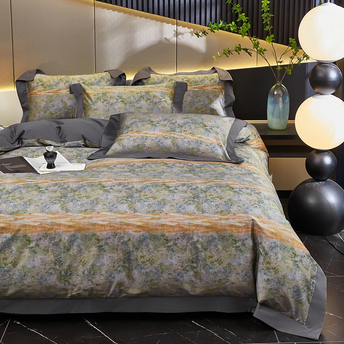 91家纺网 家纺一手货源 找家纺 优姿家纺 2024新款160支长绒棉高端大版四件套 名门时光灰绿