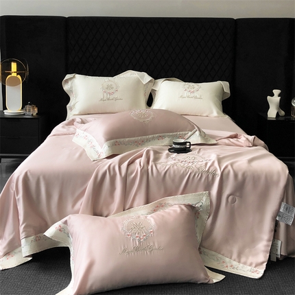 馨蕊家居 2024新款奥地利兰精天丝刺绣夏被四件套-梦露 梦露-蔷薇粉