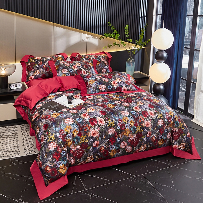 91家纺网 家纺一手货源 找家纺 优姿家纺 2024新款160支长绒棉高端大版四件套 花开富贵-酒红