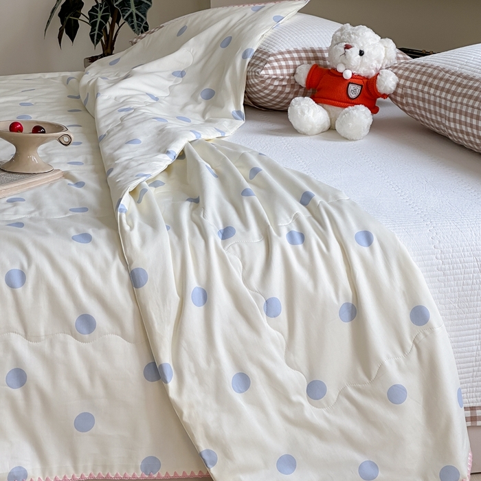 91家纺网 家纺一手货源 找家纺 洋铭区（原狠狠爱） 2024新款贝壳边全棉印花夏被 蓝小圆