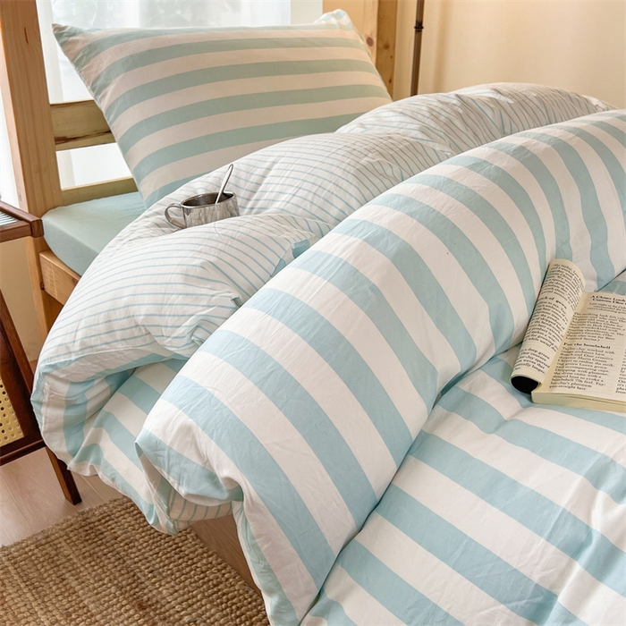 91家纺网 家纺一手货源 找家纺 多品家纺 2024新款水洗棉皱皱纱双层纱学生三件套四件套 糯米蓝条