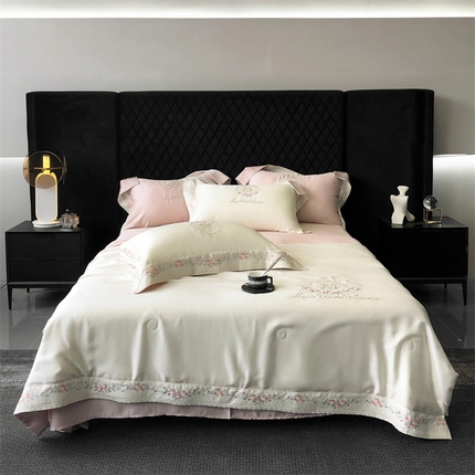 91家纺网 家纺一手货源 找家纺 馨蕊家居 2024新款奥地利兰精天丝刺绣夏被四件套-梦露 梦露-粉白