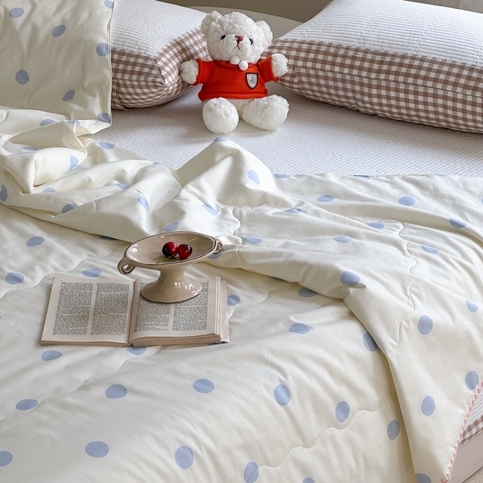 91家纺网 家纺一手货源 找家纺 洋铭区（原狠狠爱） 2024新款贝壳边全棉印花夏被 蓝小圆