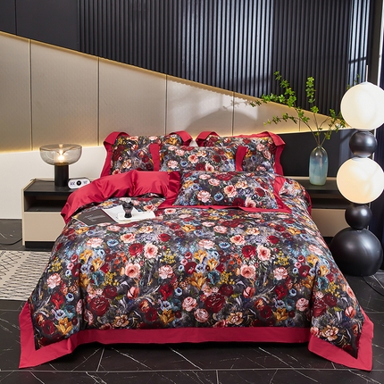 91家纺网 家纺一手货源 找家纺 优姿家纺 2024新款160支长绒棉高端大版四件套 花开富贵-酒红