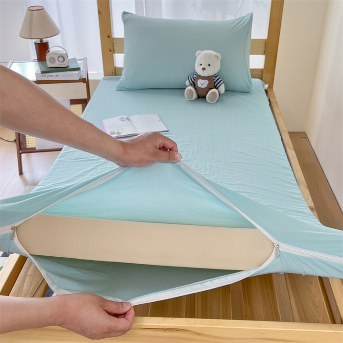 91家纺网 家纺一手货源 找家纺 多品家纺 2024新款水洗棉皱皱纱双层纱学生三件套四件套 糯米蓝条