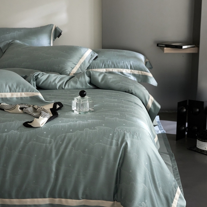 91家纺网 家纺一手货源 找家纺 安莱生活 2024新款60S天丝棉提花四件套三系列（银丝款）--天丝棉铂金星晴系列 星雨-苔青