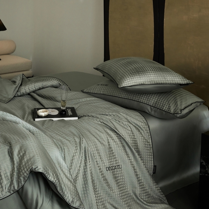 91家纺网 家纺一手货源 找家纺 安莱生活 2024新款60S天丝棉提花四件套三系列（银丝款）--天丝棉铂金简奢款 弦月-梦华绿