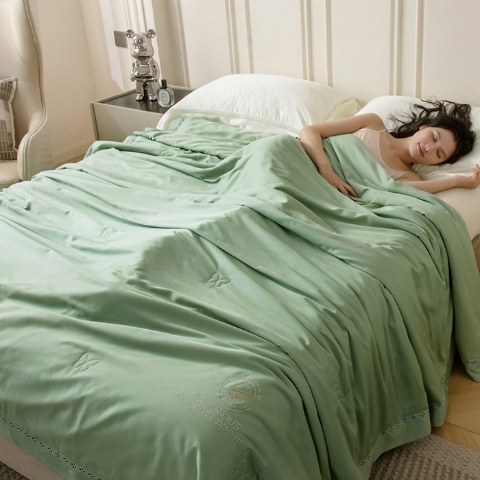 91家纺网 家纺一手货源 找家纺 被靠被 2024新款莫代尔蚕蛹蛋白夏被空调被-悠闲时光 悠闲时光-竹绿