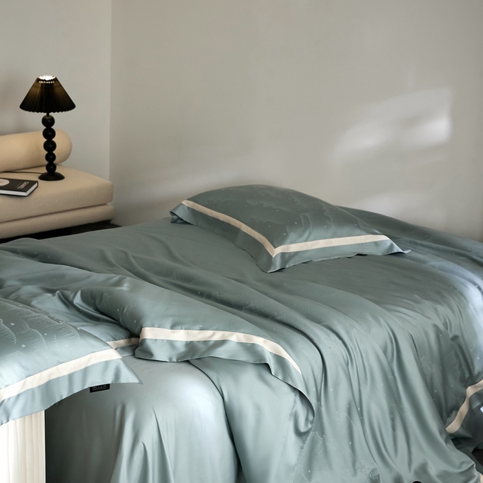 91家纺网 家纺一手货源 找家纺 安莱生活 2024新款60S天丝棉提花四件套三系列（银丝款）--天丝棉铂金星晴系列 星雨-苔青