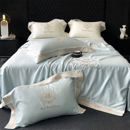 馨蕊家居 2024新款奥地利兰精天丝刺绣夏被四件套-梦露 梦露-北卡蓝