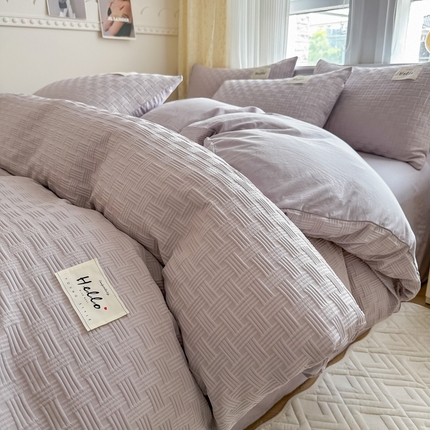 91家纺网 家纺一手货源 找家纺 沐辰 2024新款亲肤水洗棉云朵泡泡系列四件套 云朵泡泡-珍珠灰