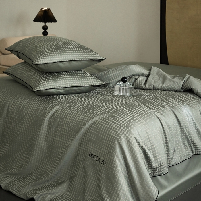 91家纺网 家纺一手货源 找家纺 安莱生活 2024新款60S天丝棉提花四件套三系列（银丝款）--天丝棉铂金简奢款 弦月-梦华绿