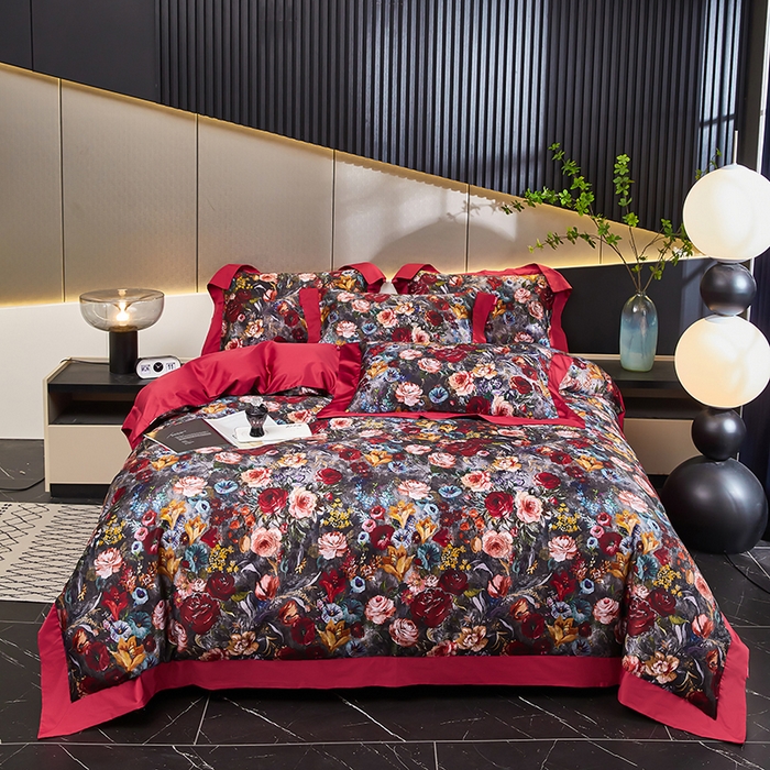 91家纺网 家纺一手货源 找家纺 优姿家纺 2024新款160支长绒棉高端大版四件套 花开富贵-酒红