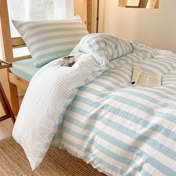 91家纺网 家纺一手货源 找家纺 多品家纺 2024新款水洗棉皱皱纱双层纱学生三件套四件套 糯米蓝条