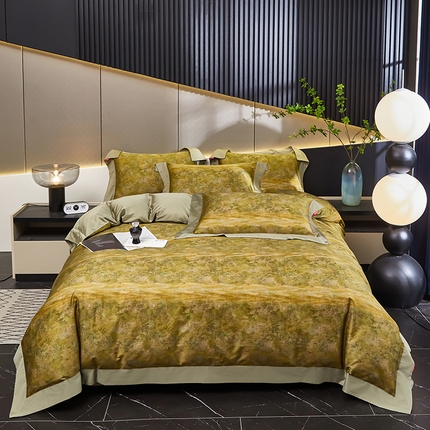 91家纺网 家纺一手货源 找家纺 优姿家纺 2024新款160支长绒棉高端大版四件套 水墨兰亭-绿