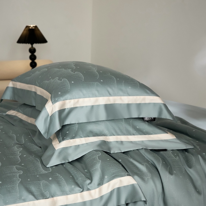 91家纺网 家纺一手货源 找家纺 安莱生活 2024新款60S天丝棉提花四件套三系列（银丝款）--天丝棉铂金星晴系列 星雨-苔青