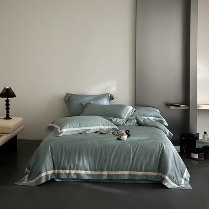 91家纺网 家纺一手货源 找家纺 安莱生活 2024新款60S天丝棉提花四件套三系列（银丝款）--天丝棉铂金星晴系列 星雨-苔青