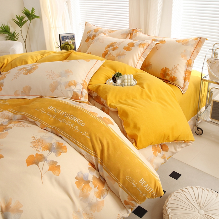 91家纺网 家纺一手货源 找家纺 金纱玉纺家纺 2024新款加厚AB版四件套金叶飘香黄AB