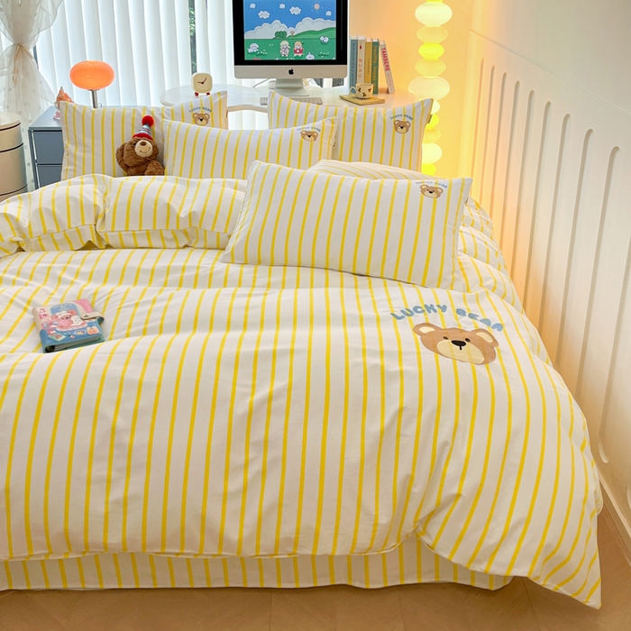 91家纺网 家纺一手货源 找家纺 雅居纺 2024新款全棉绣花老粗布单被套四件套 幸运熊