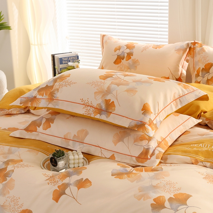 91家纺网 家纺一手货源 找家纺 金纱玉纺家纺 2024新款加厚AB版四件套金叶飘香黄AB