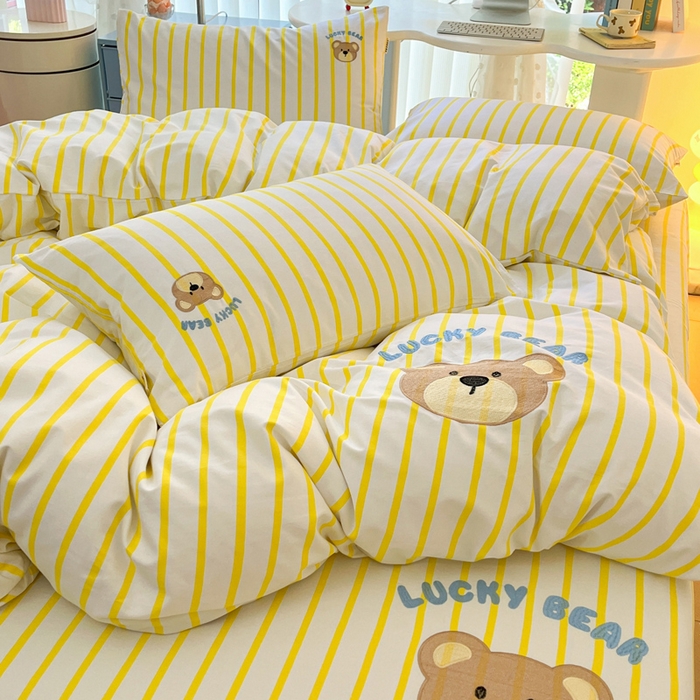 91家纺网 家纺一手货源 找家纺 雅居纺 2024新款全棉绣花老粗布单被套四件套 幸运熊