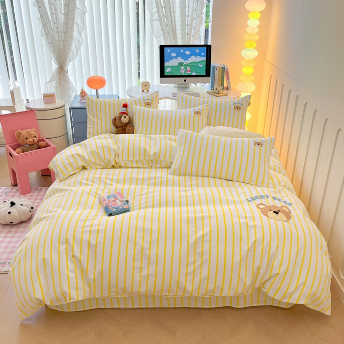 91家纺网 家纺一手货源 找家纺 雅居纺 2024新款全棉绣花老粗布单被套四件套 幸运熊