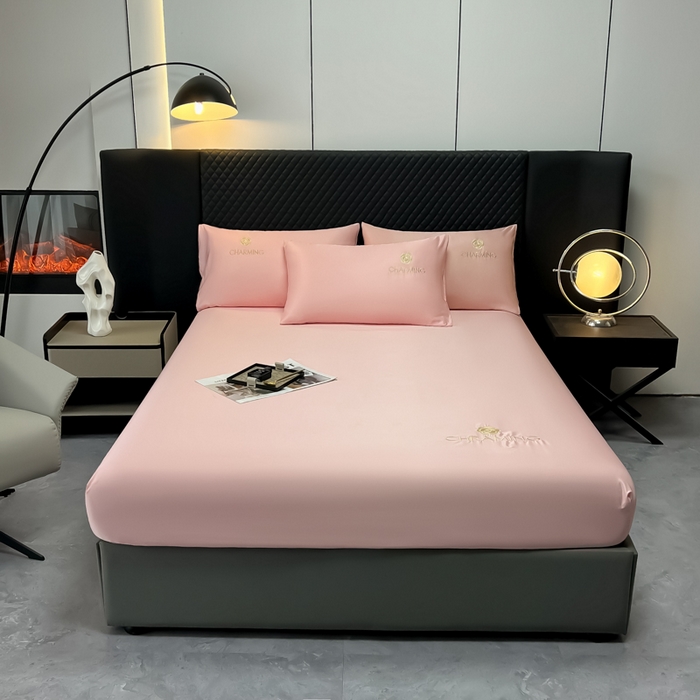 91家纺网 家纺一手货源 找家纺 笠裙家纺 2024新款水洗真丝刺绣床笠系列  柔粉色