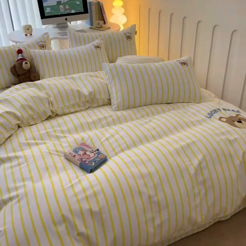 91家纺网 家纺一手货源 找家纺 雅居纺 2024新款全棉绣花老粗布单被套四件套 幸运熊