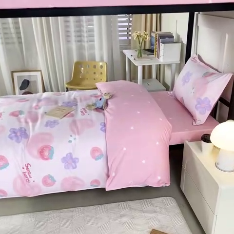 91家纺网 家纺一手货源 找家纺 锦润家纺 2024新款13372床笠床垫套全棉印花三件套玲珑花镜-粉