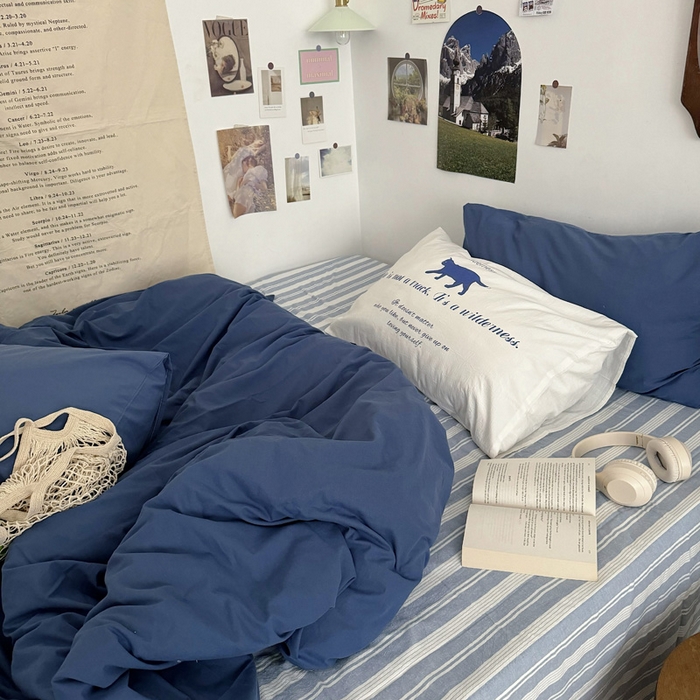 91家纺网 家纺一手货源 找家纺 艾沁 2024新款博主风全棉加密水洗棉四件套 漫步（枕套蓝色+白色）