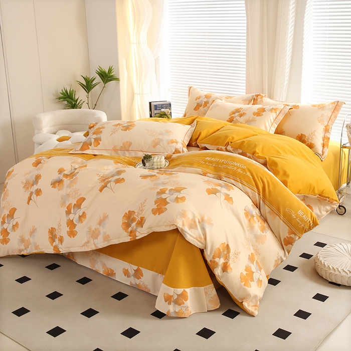 91家纺网 家纺一手货源 找家纺 金纱玉纺家纺 2024新款加厚AB版四件套金叶飘香黄AB