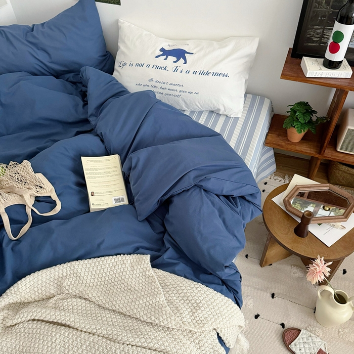 91家纺网 家纺一手货源 找家纺 艾沁 2024新款博主风全棉加密水洗棉四件套 漫步（枕套蓝色+白色）