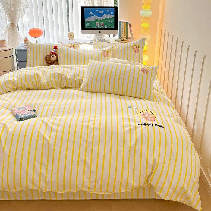 91家纺网 家纺一手货源 找家纺 雅居纺 2024新款全棉绣花老粗布单被套四件套 小海狸黄