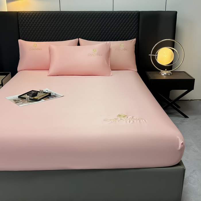 91家纺网 家纺一手货源 找家纺 笠裙家纺 2024新款水洗真丝刺绣床笠系列  柔粉色